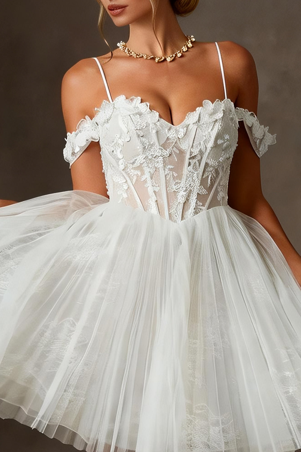 Floral White Tulle Corset Cold Shoulder A Line Short Bridal Shower Dress