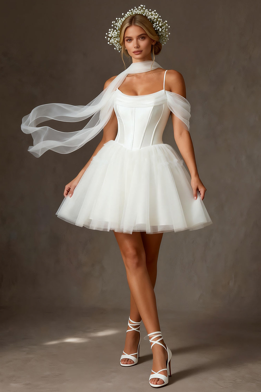 White Tulle Cold Shoulder A Line Short Corset Bridal Shower Dress