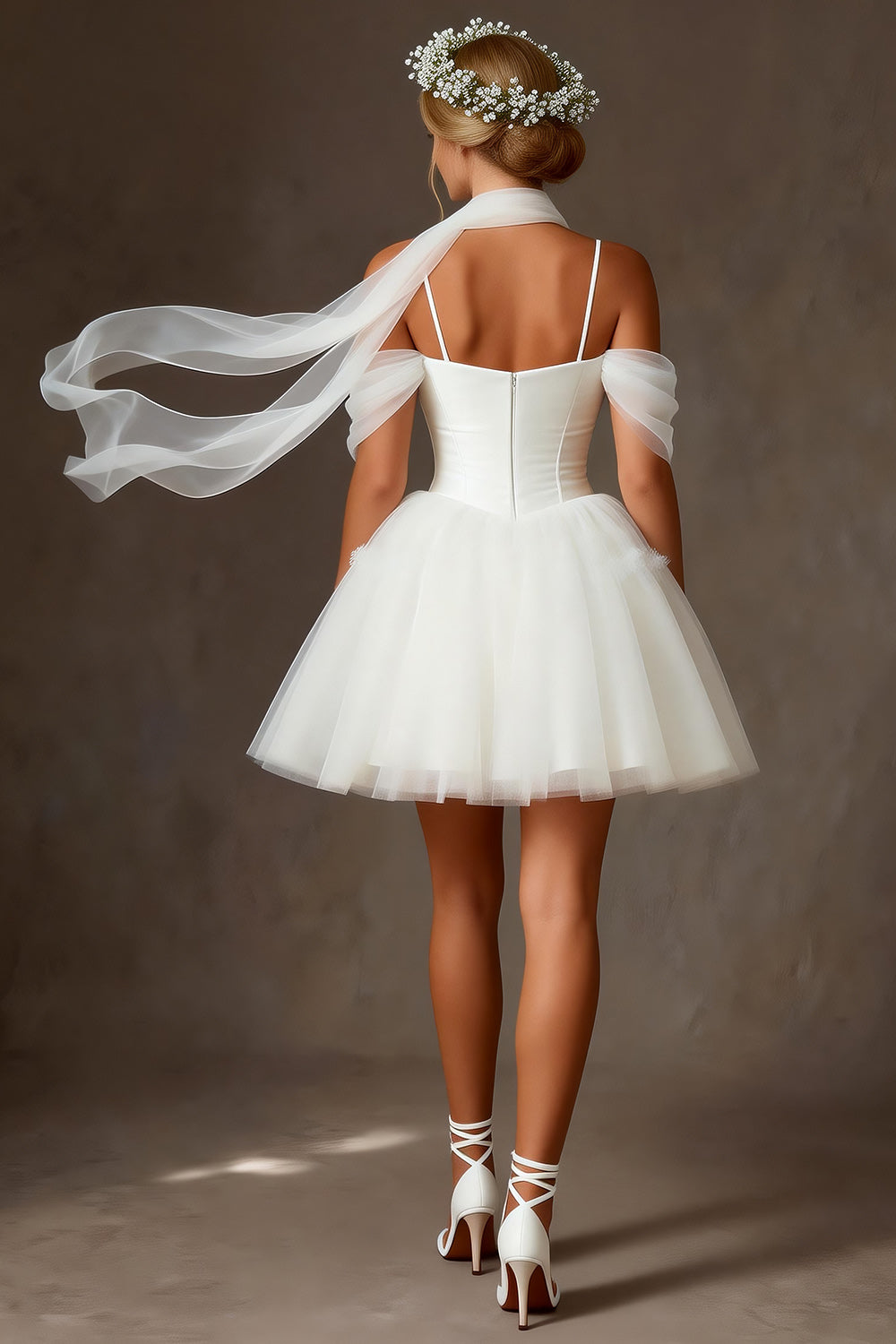 White Tulle Cold Shoulder A Line Short Corset Bridal Shower Dress