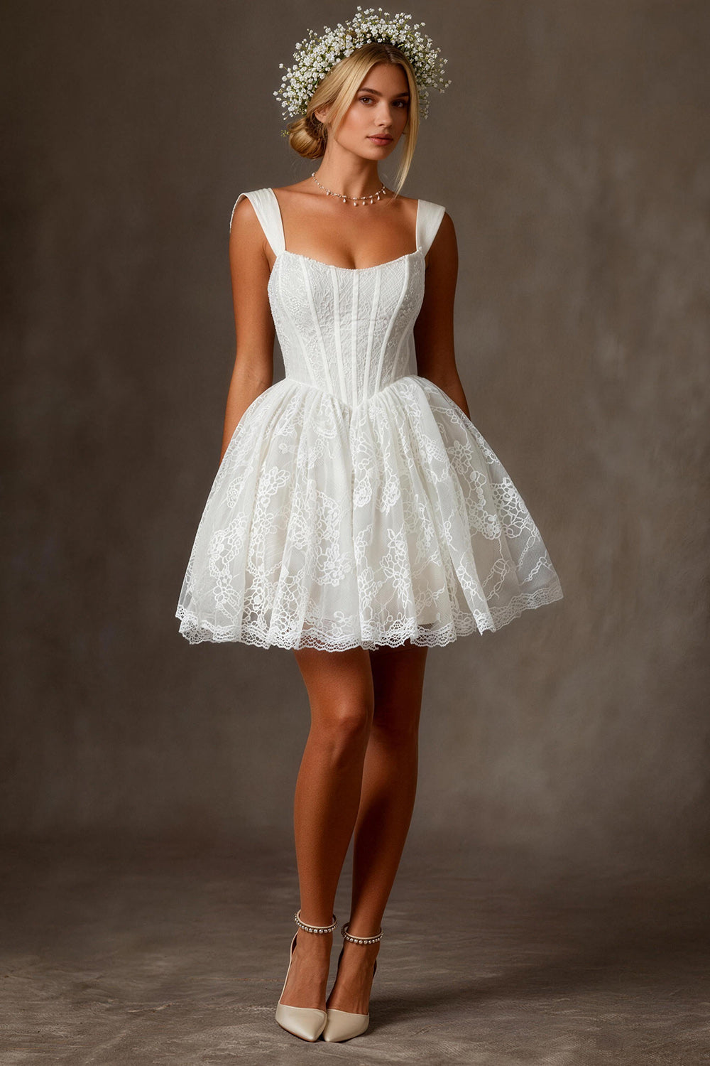 White Lace Corset A Line Thick Straps Mini Bridal Shower Dress