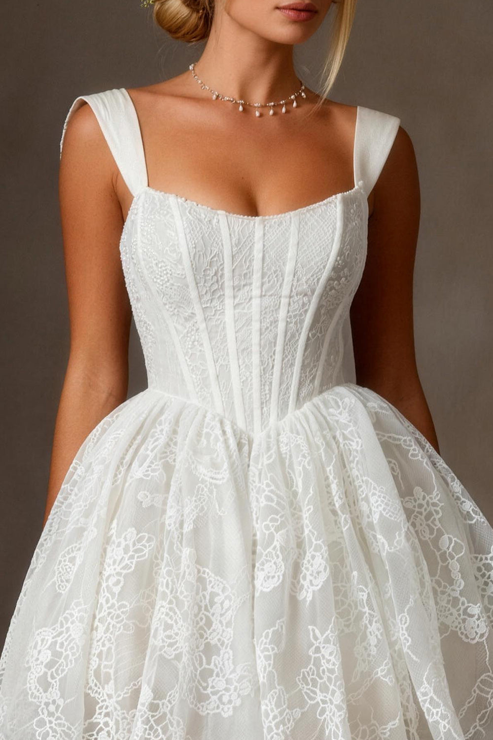 White Lace Corset A Line Thick Straps Mini Bridal Shower Dress