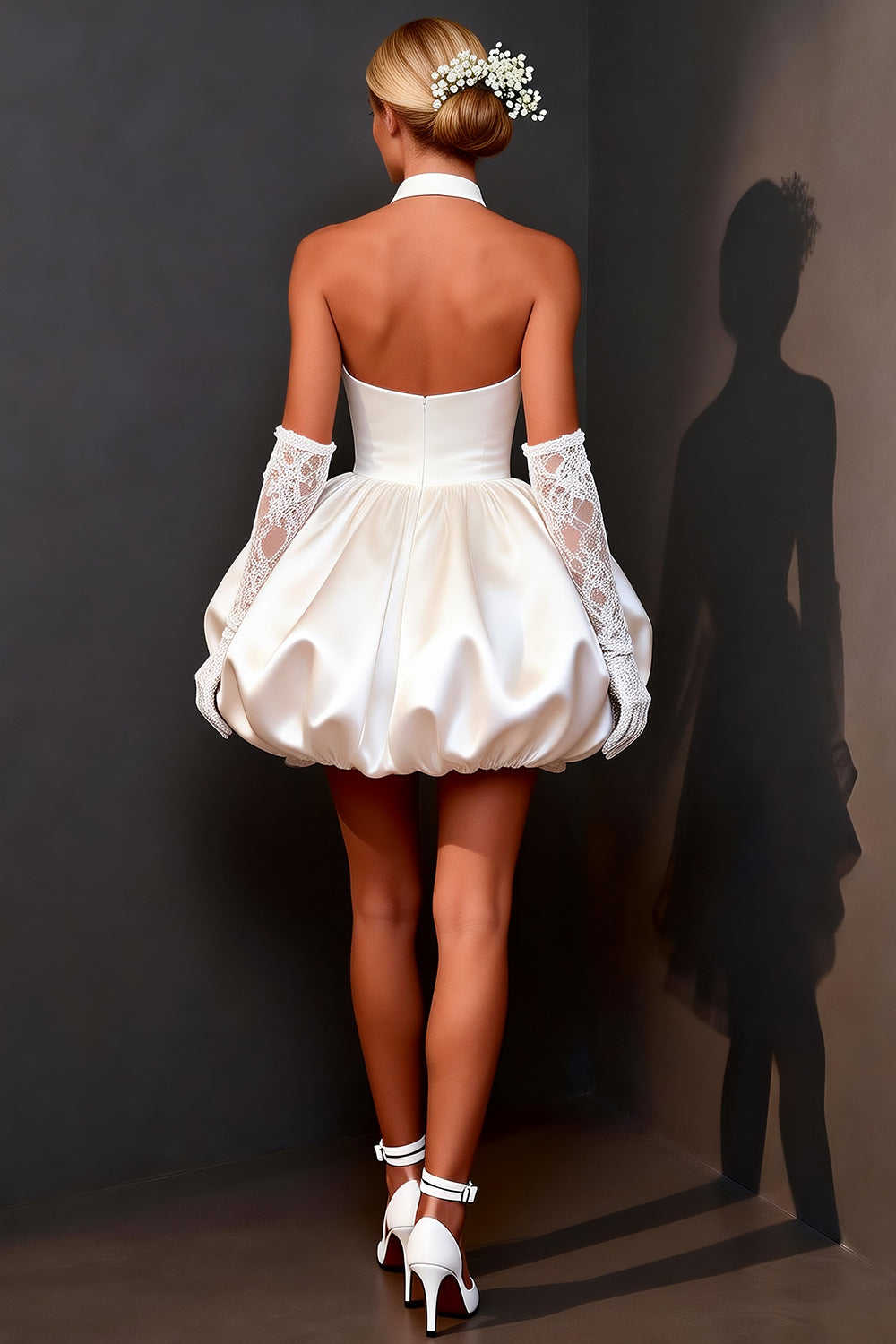 White Satin Halter Bubble A Line Short Bridal Shower Dress