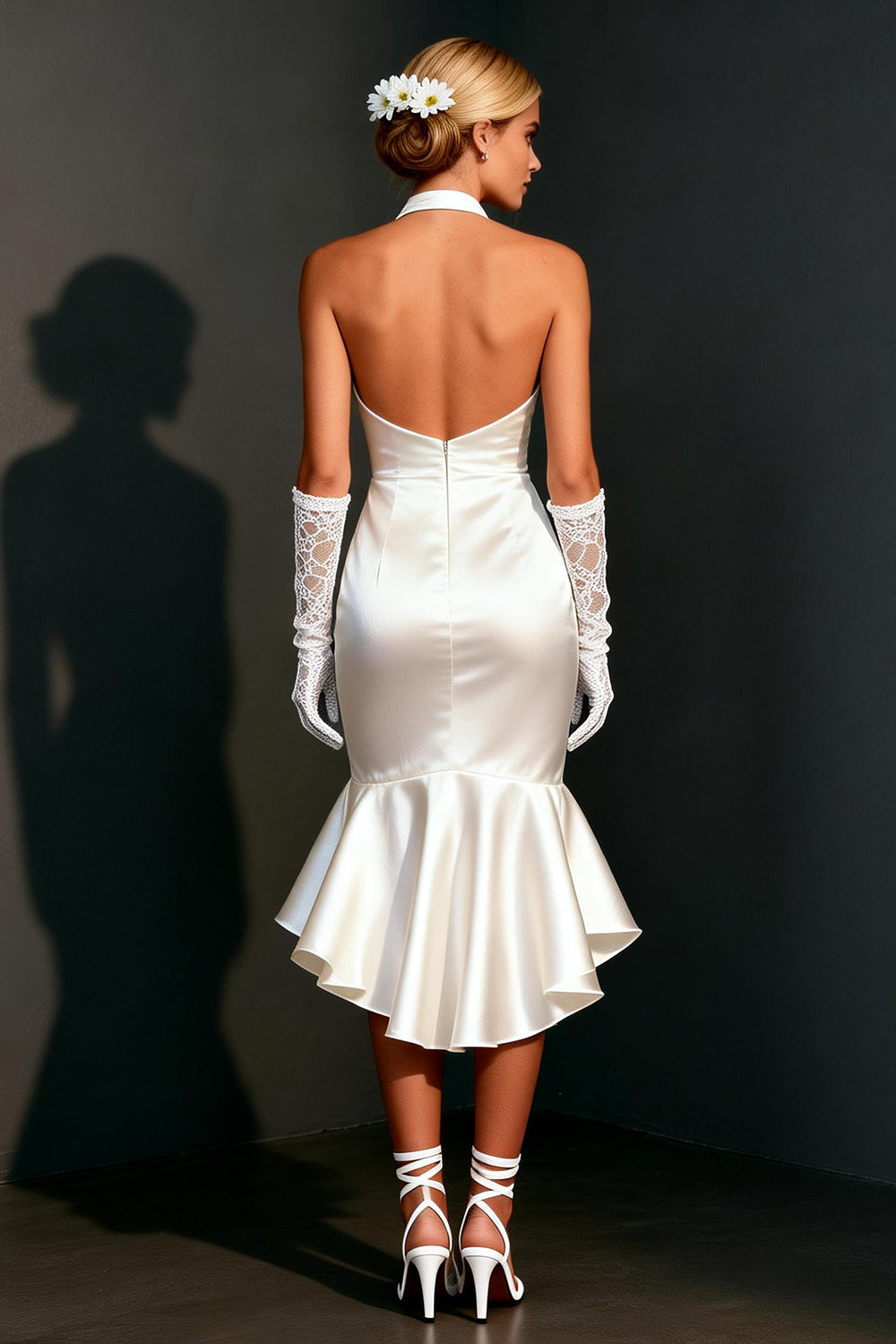 Elegant White Satin Bodycon Halter High-Low Rehearsal Dinner Dress with Ruffles