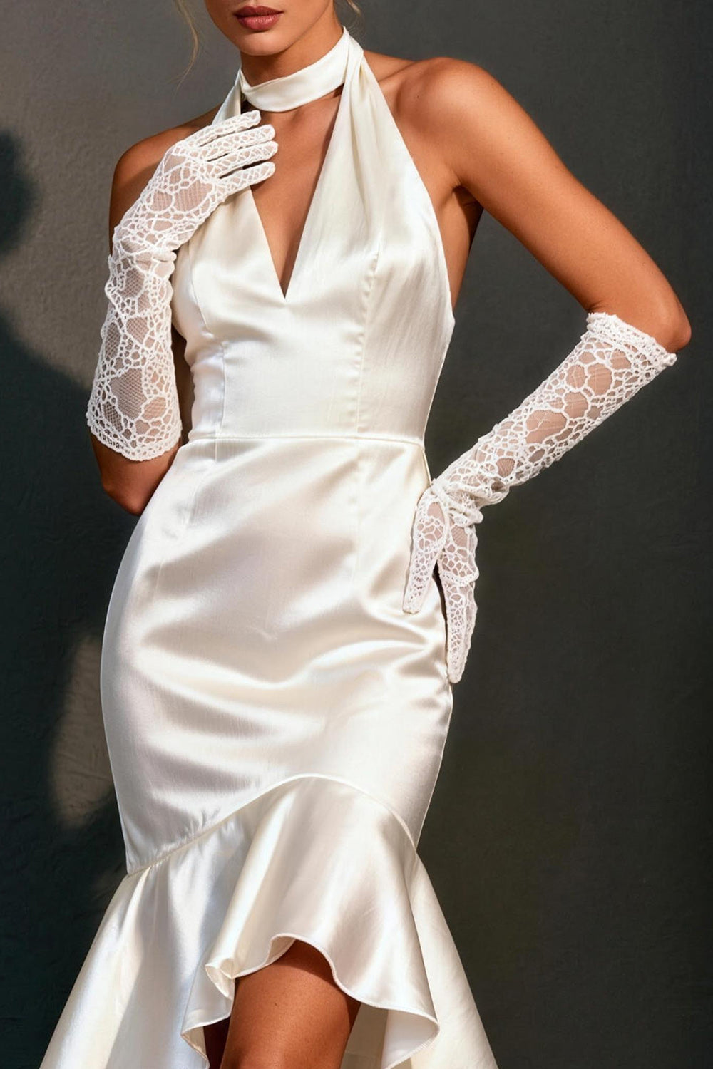Elegant White Satin Bodycon Halter High-Low Rehearsal Dinner Dress with Ruffles