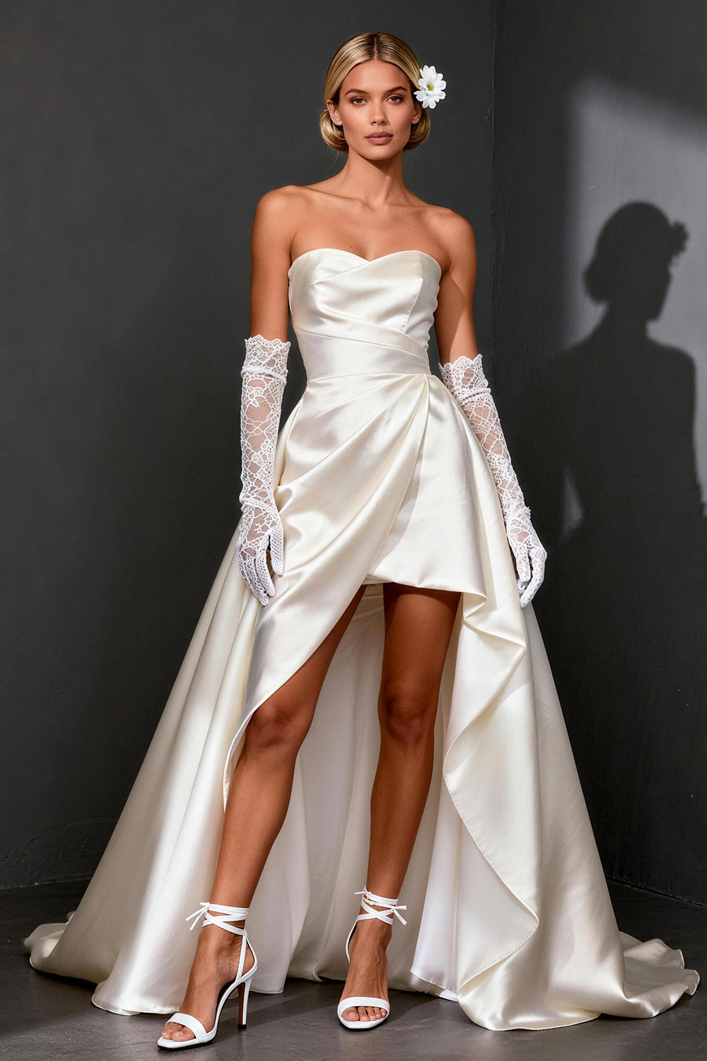 White Satin Strapless A Line High-Low Rehearsal Dinner Dress