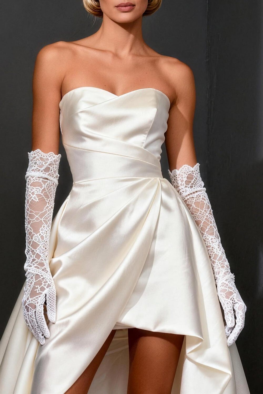 White Satin Strapless A Line High-Low Rehearsal Dinner Dress