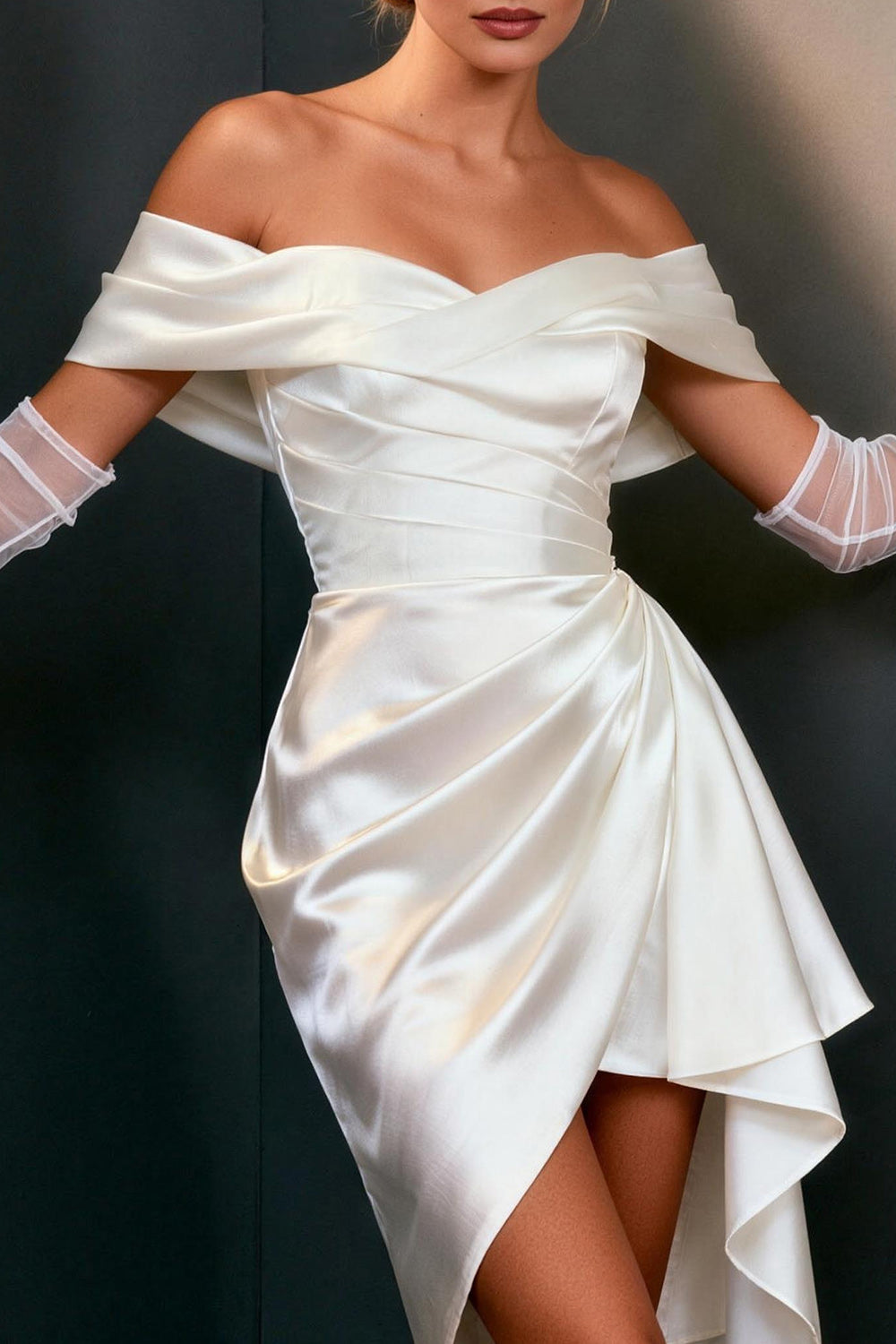 White Satin Bodycon Off the Shoulder Ruched Short Bridal Shower Dress