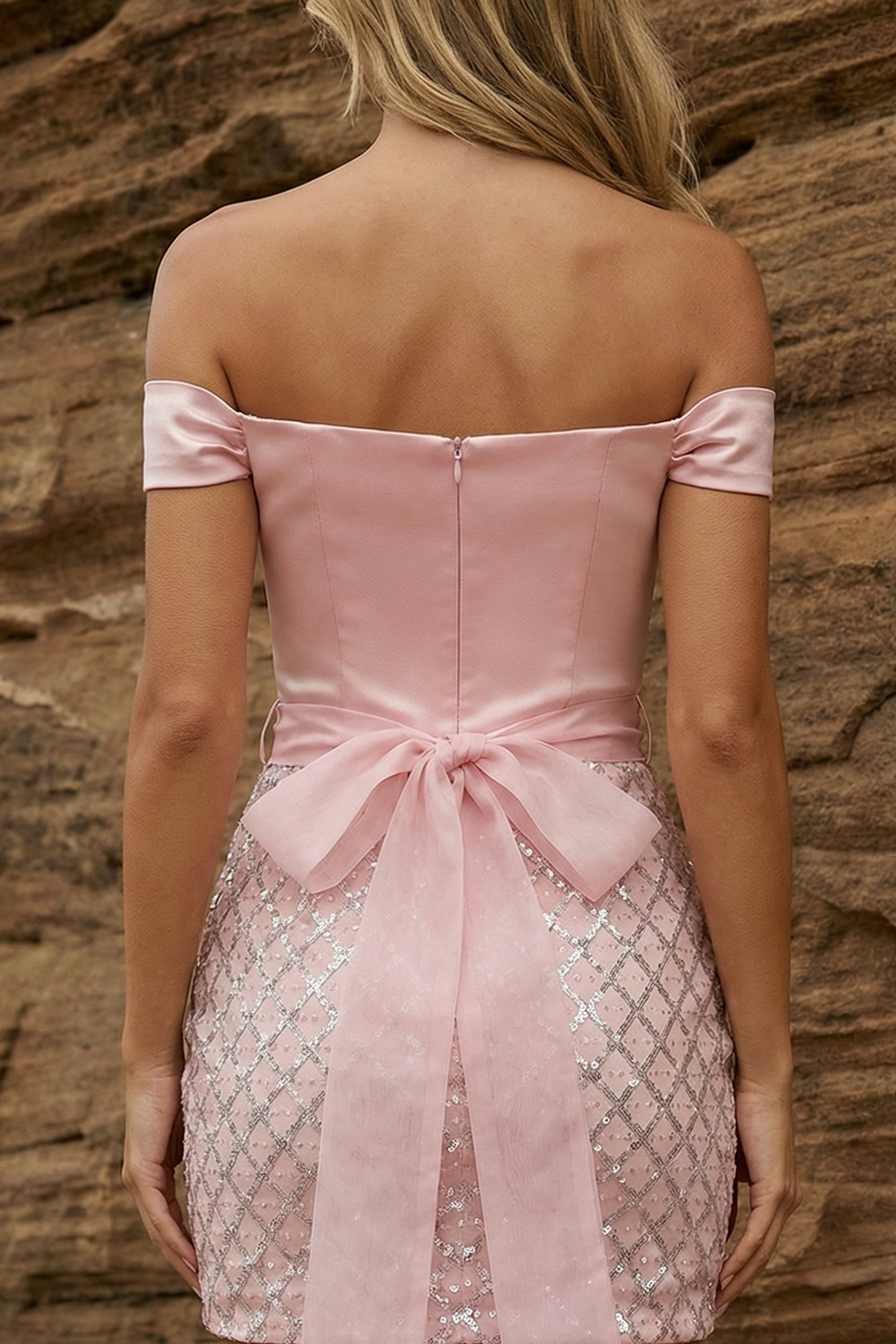 Sparkly Pink Satin Bodycon Off The Shoulder Short Prom Dress with Sash