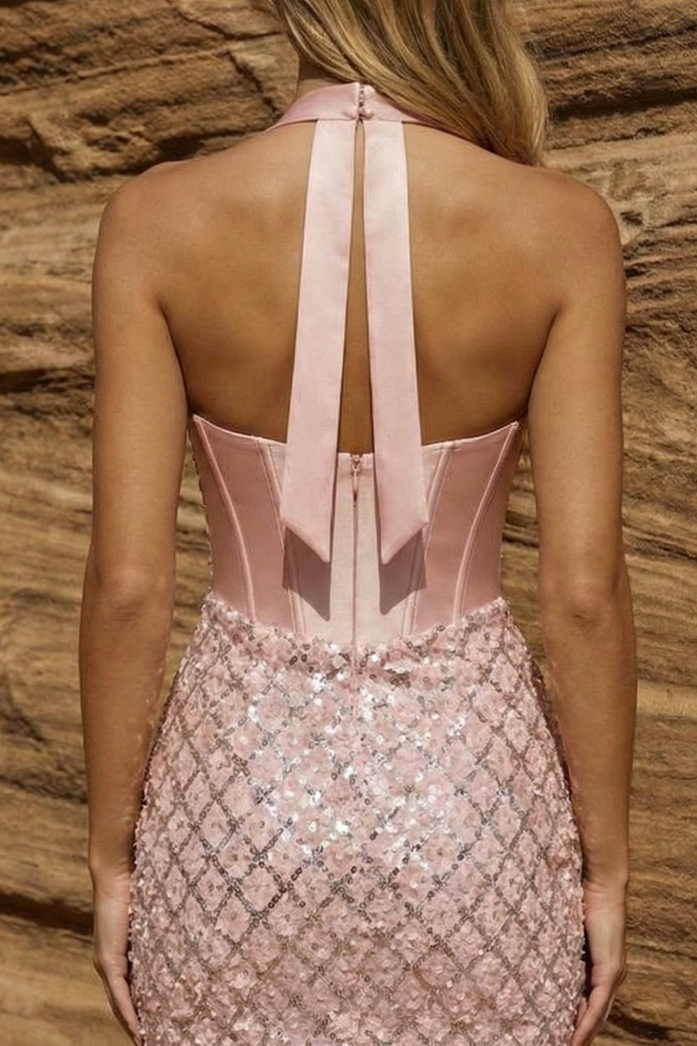 Sparkly Pink Sequin Bodycon Halter Short Prom Dress