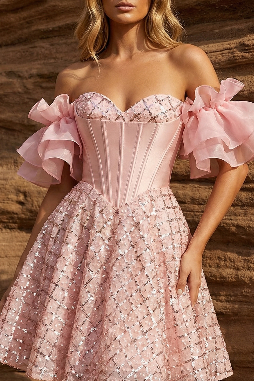 Sparkly Pink Sequin Corset A Line Ruffle Sleeves Short Prom Dress