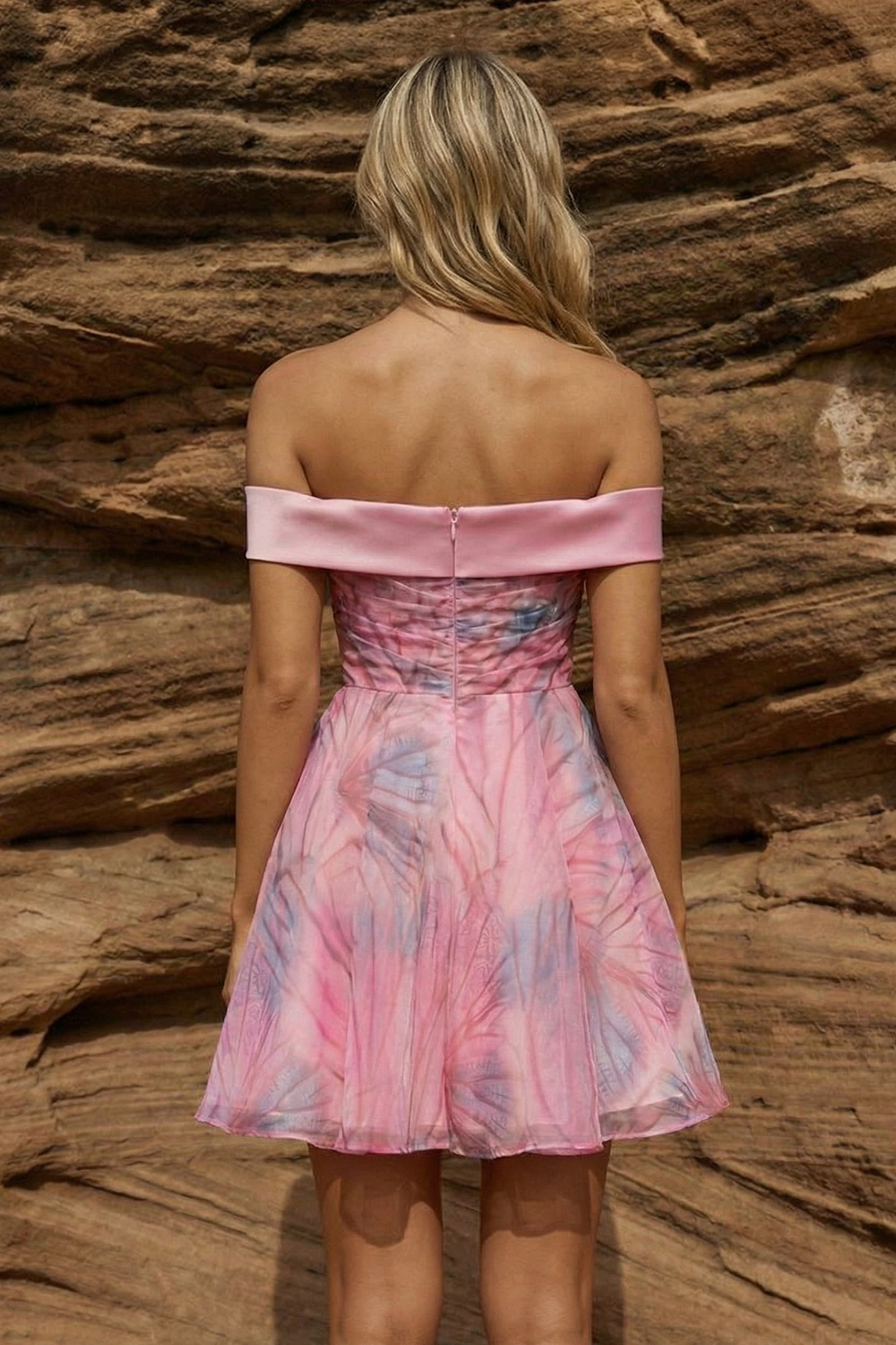 Pink Floral Ruched Off The Shoulder A Line Short Prom Dress
