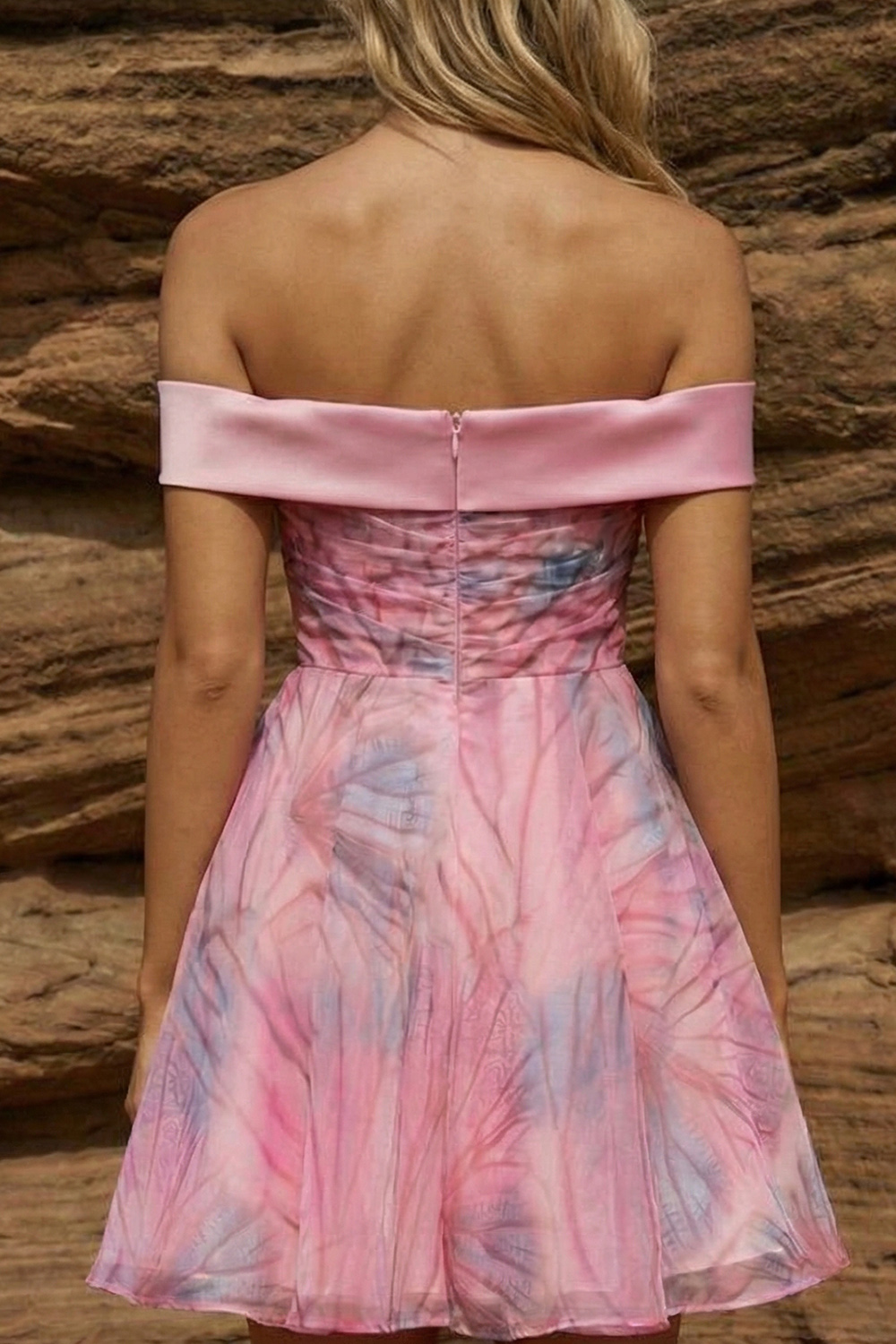 Pink Floral Ruched Off The Shoulder A Line Short Prom Dress