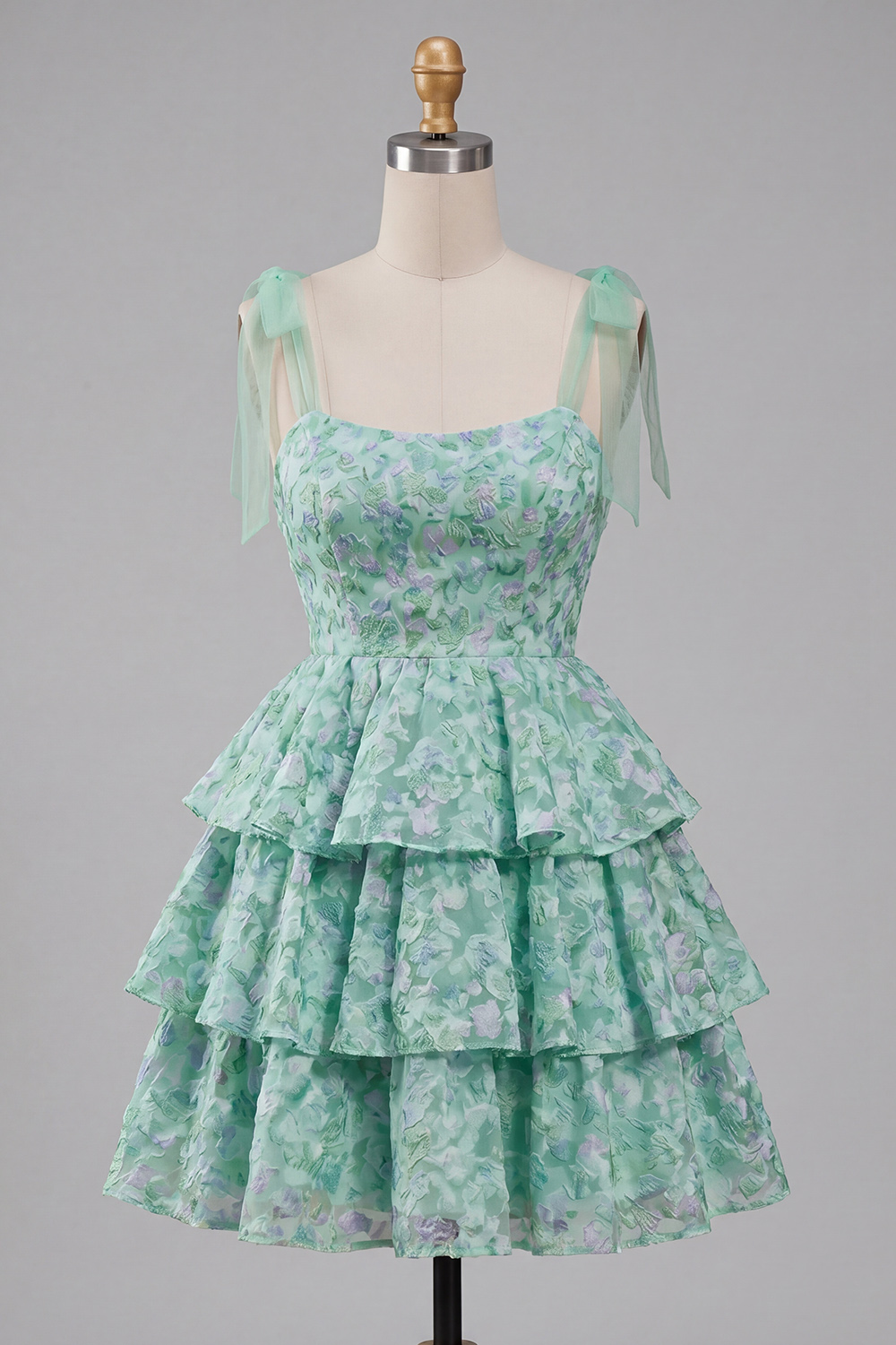 Floral Light Green A Line Bow Tie Straps Tiered Short Prom Dress