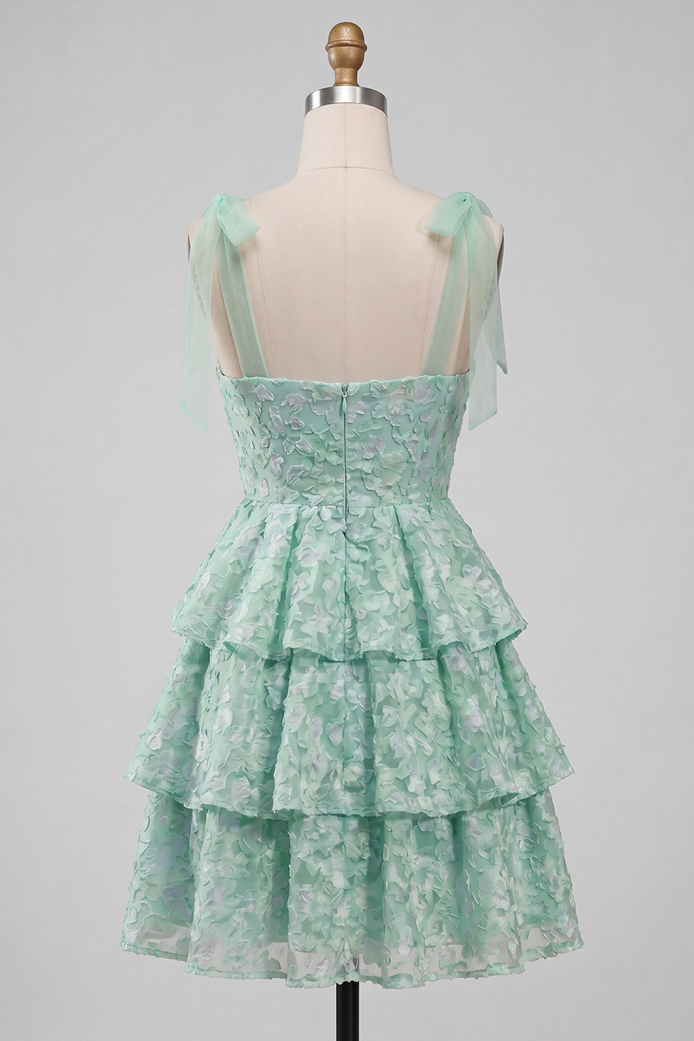 Floral Light Green A Line Bow Tie Straps Tiered Short Prom Dress