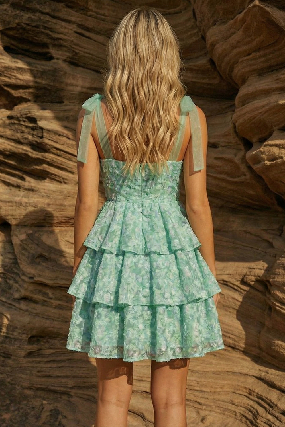 Light Green Floral Tie Shoulder Tiered A Line Short Prom Dress
