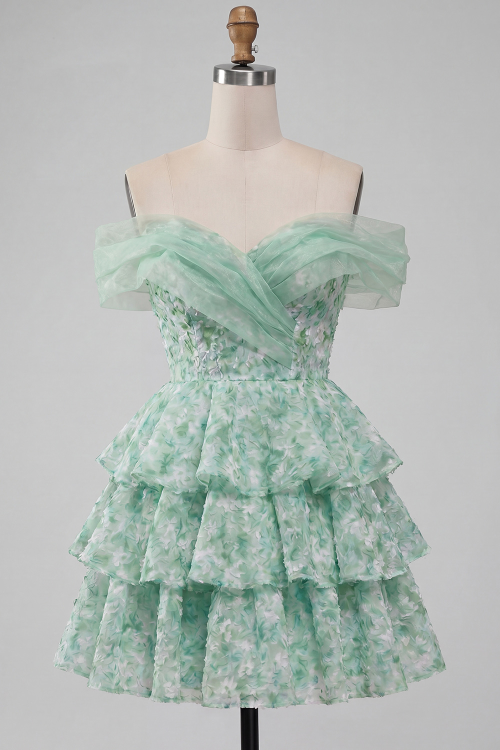 Floral Light Green A Line Offthe Shoulder Tiered Short Prom Dress