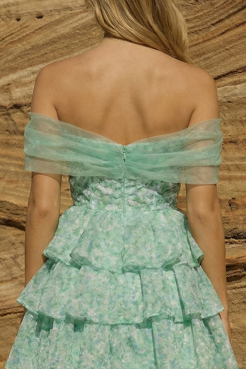 Light Green Floral Tiered A Line Off The Shoulder Short Prom Dress