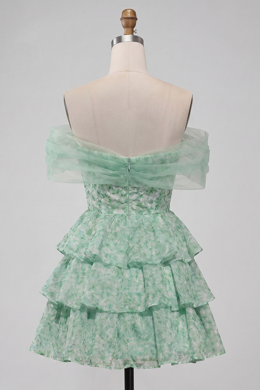 Floral Light Green A Line Offthe Shoulder Tiered Short Prom Dress