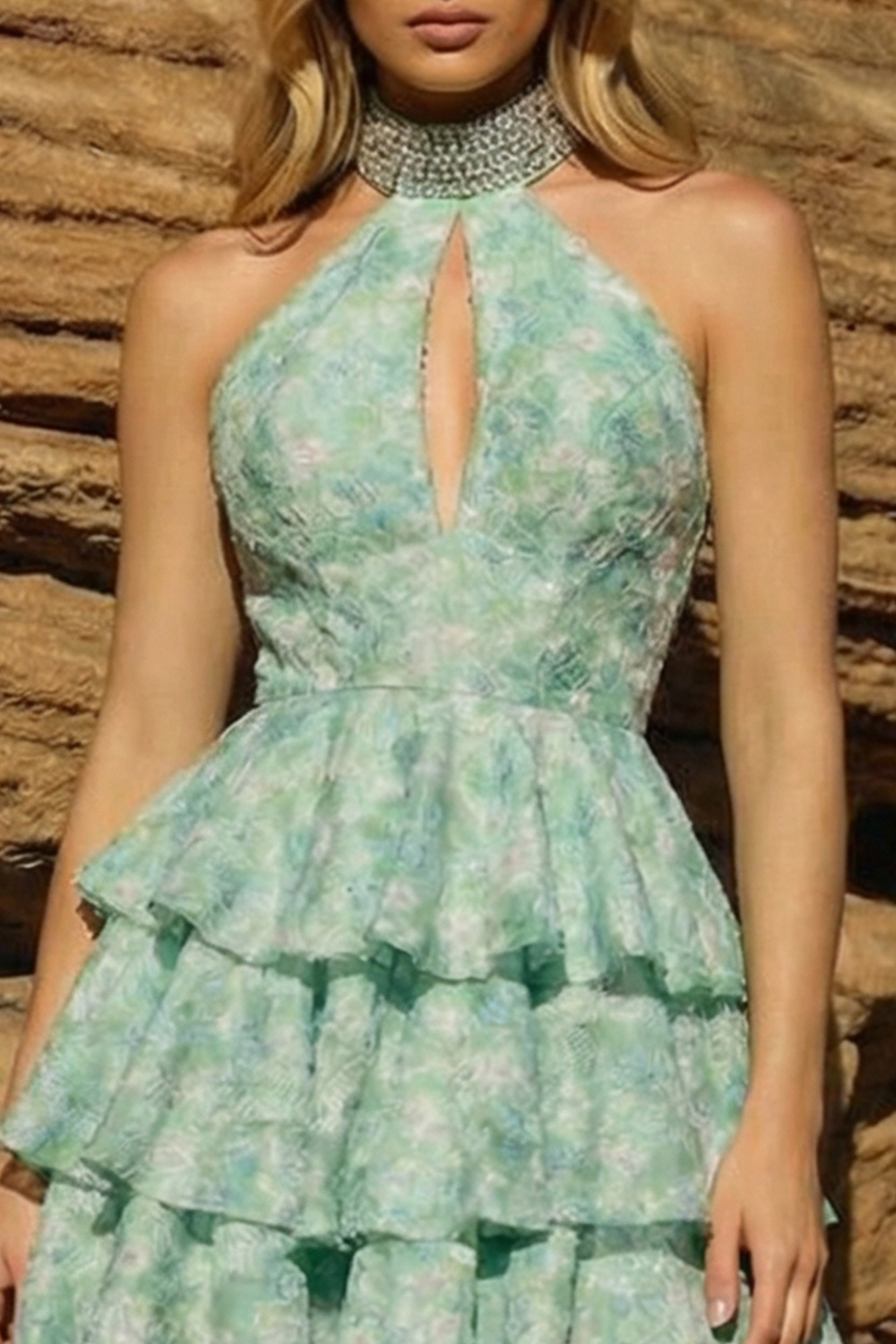 Light Green Floral Beaded Halter Tiered A Line Detachable Sleeves Short Prom Dress