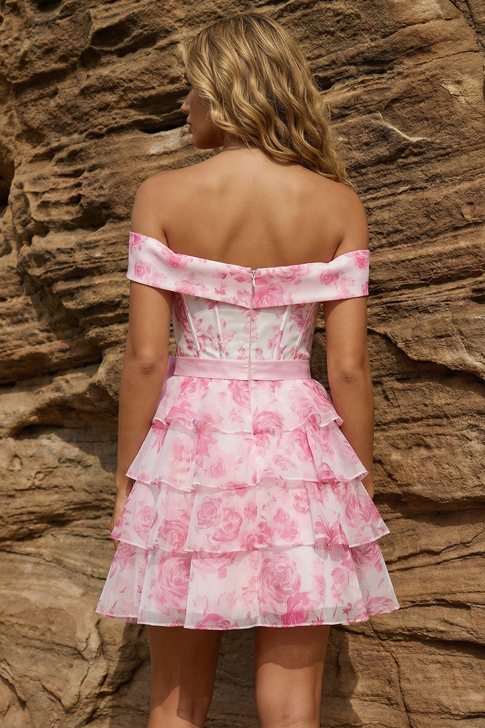Off The Shoulder Pink Floral Ruffled A Line Short Corset Prom Dress with Bow