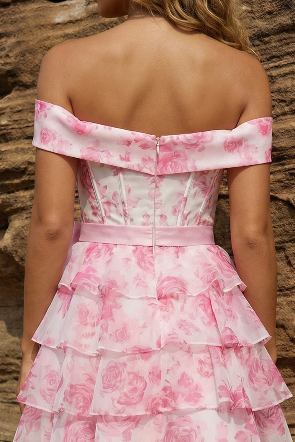 Off The Shoulder Pink Floral Ruffled A Line Short Corset Prom Dress with Bow