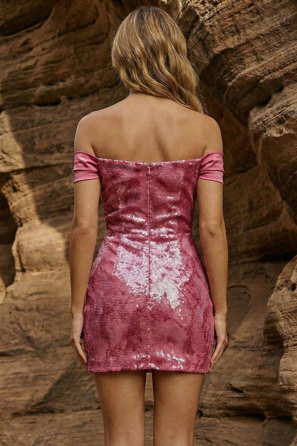 Sparkly Bodycon Off The Shoulder Pink Sequin Short Prom Dress