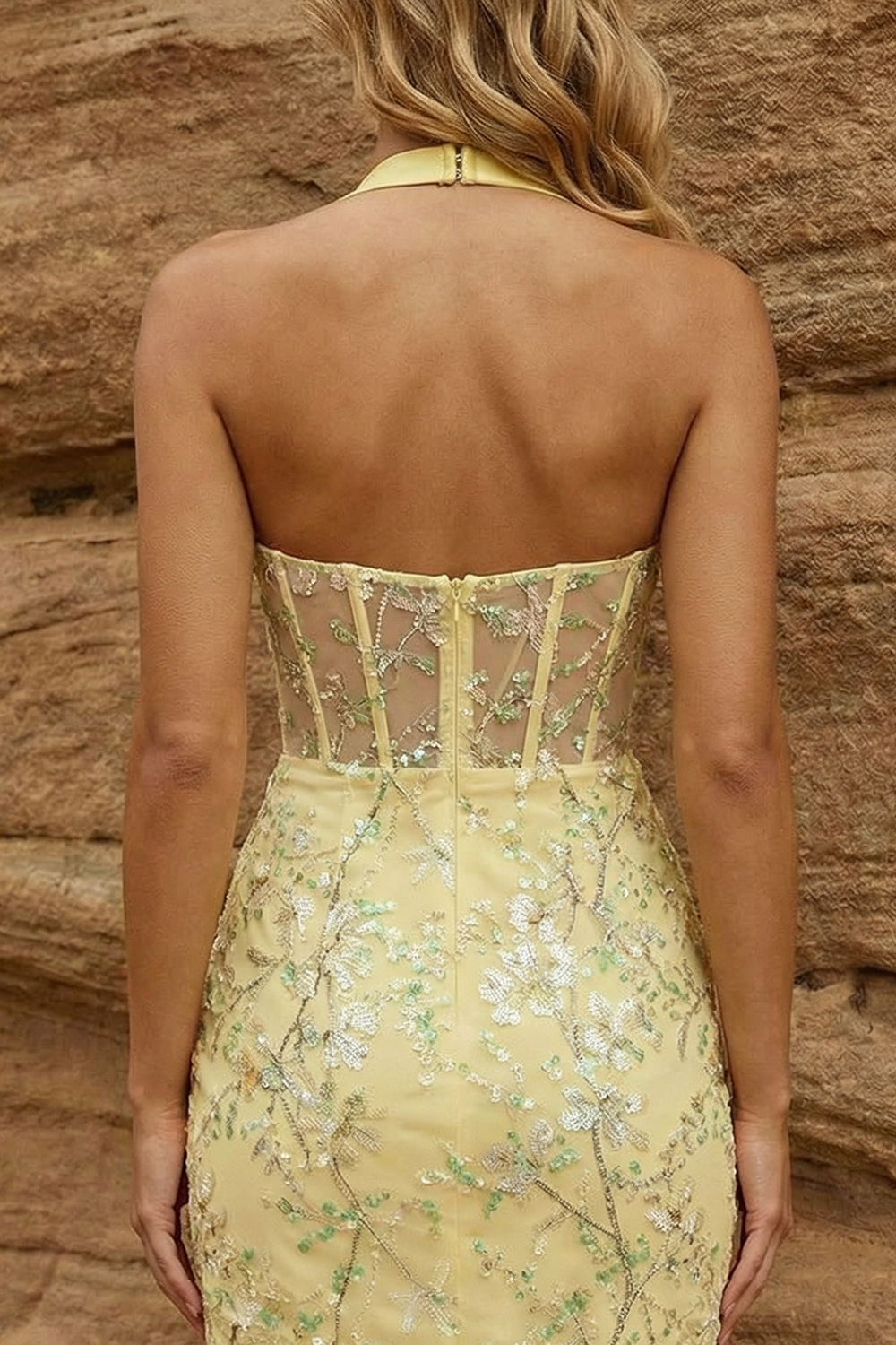Sparkly Halter Bodycon Yellow Lace Sequin Short Corset Prom Dress