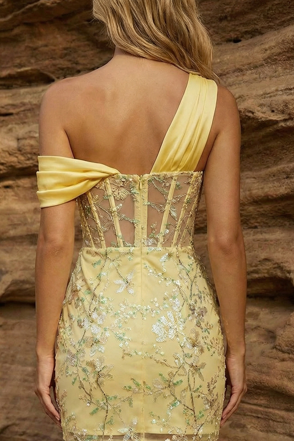 Sparkly One Shoulder Bodycon Yellow Lace Sequin Short Corset Prom Dress