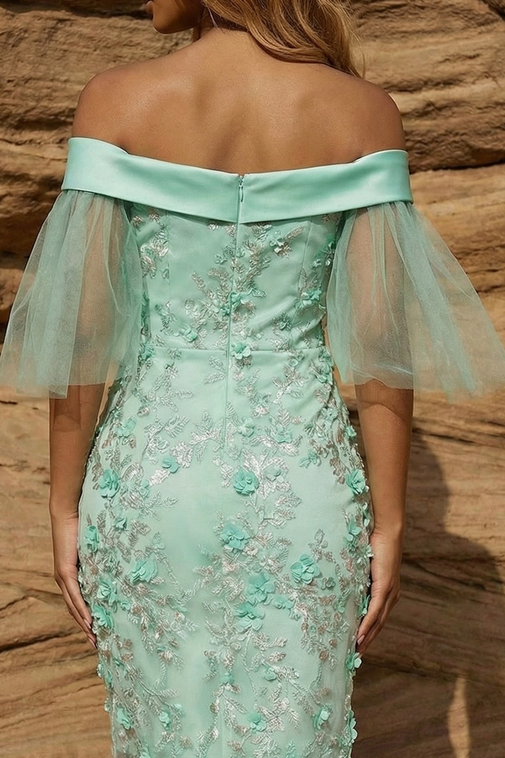 Sparkly Bodycon Off The Shoulder Green Floral Sequin Short Prom Dress with Sleeves