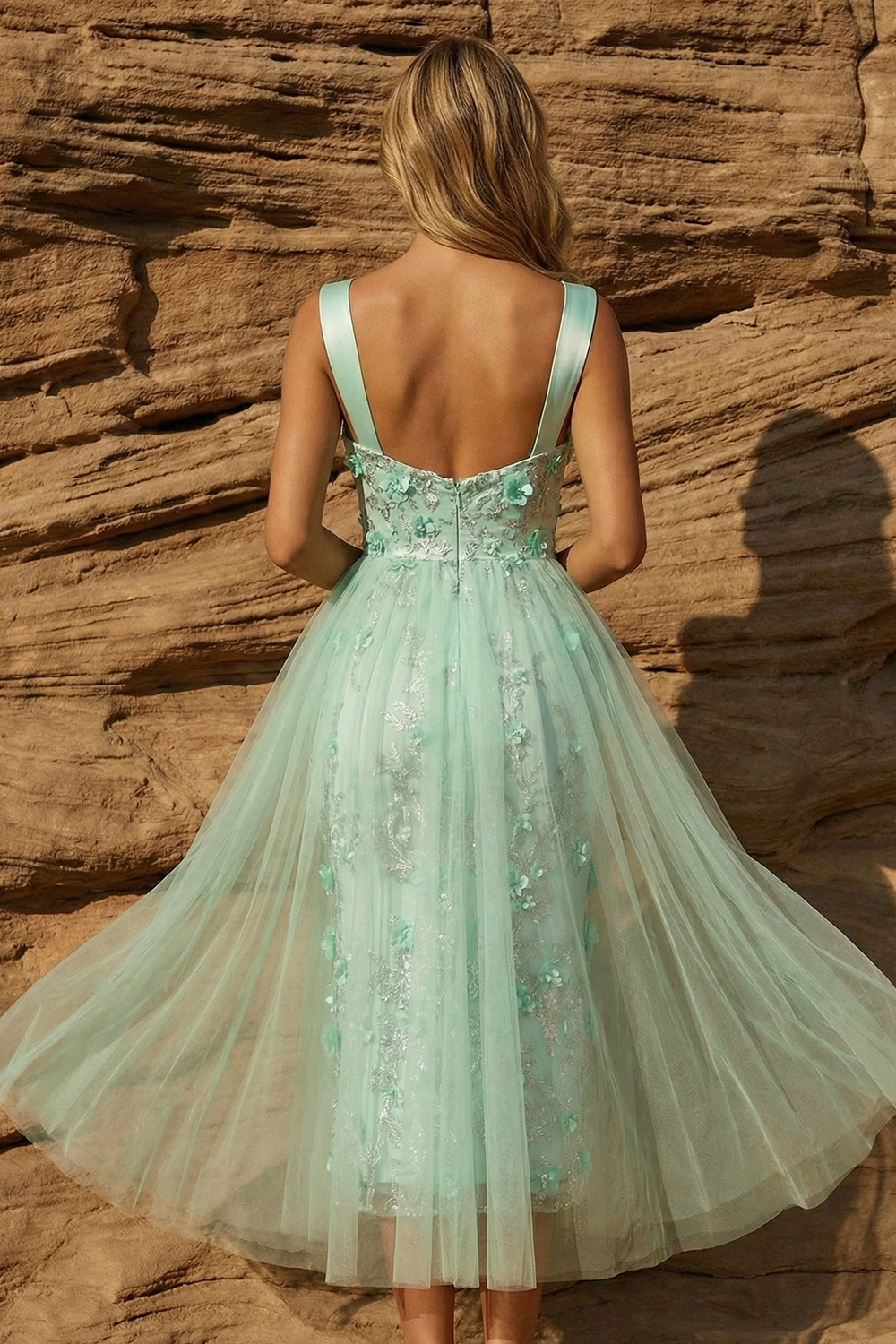 Sparkly Bodycon Thick Straps Green Floral Sequin Midi Prom Dress with Cape