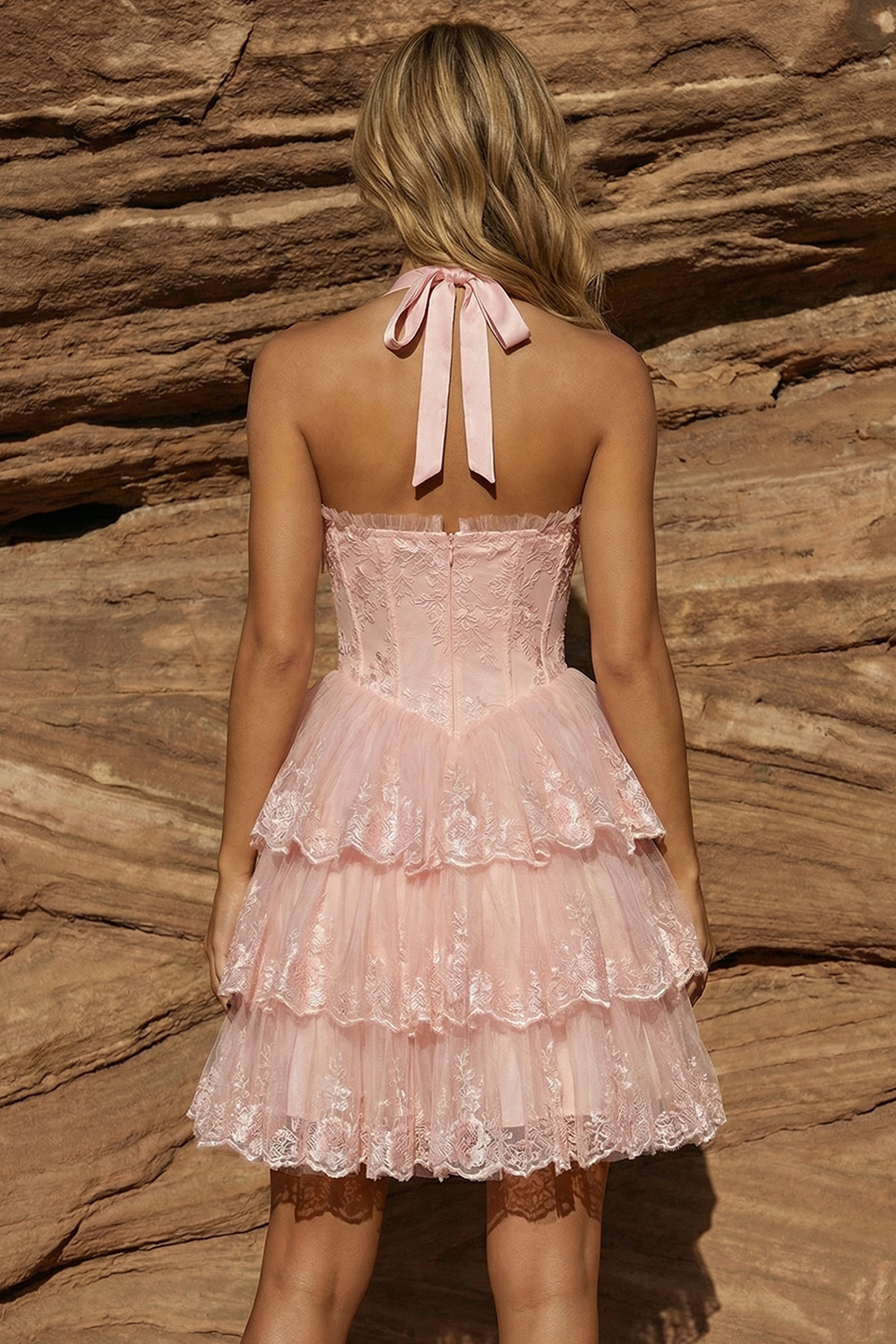 Halter A Line Pink Lace Tiered Short Corset Prom Dress with Bow