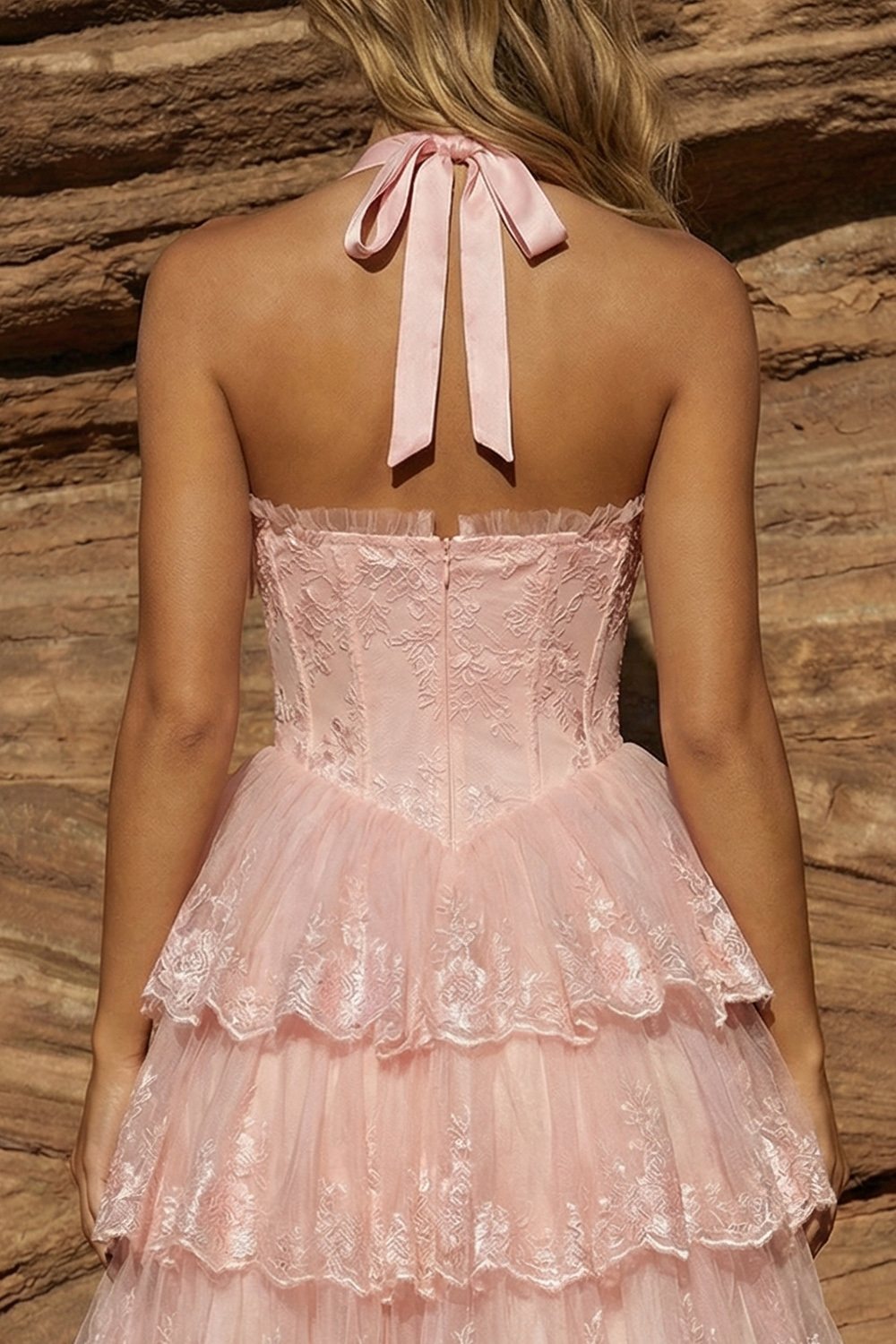 Halter A Line Pink Lace Tiered Short Corset Prom Dress with Bow