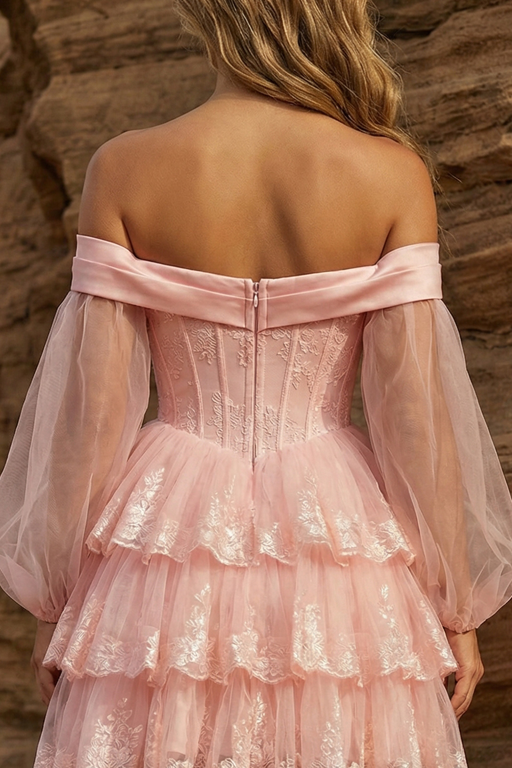Off The Shoulder A Line Pink Lace Tiered Short Corset Prom Dress with Sleeves