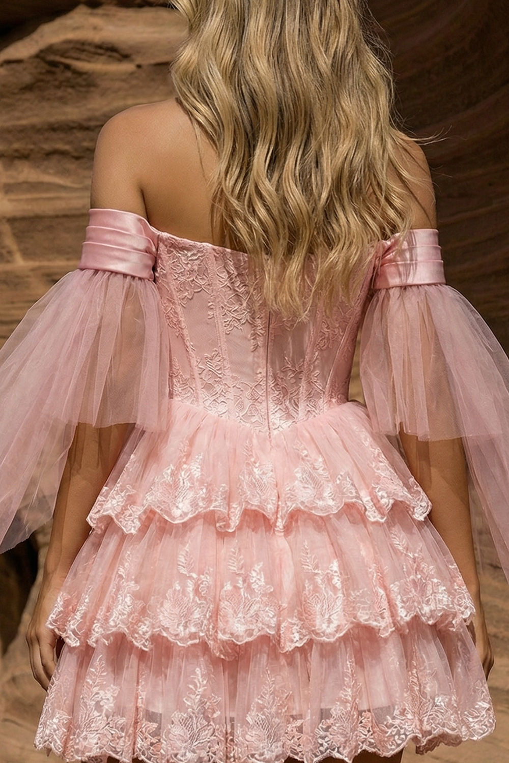 Tiered A Line Off The Shoulder Pink Lace Short Corset Prom Dress with Sleeves