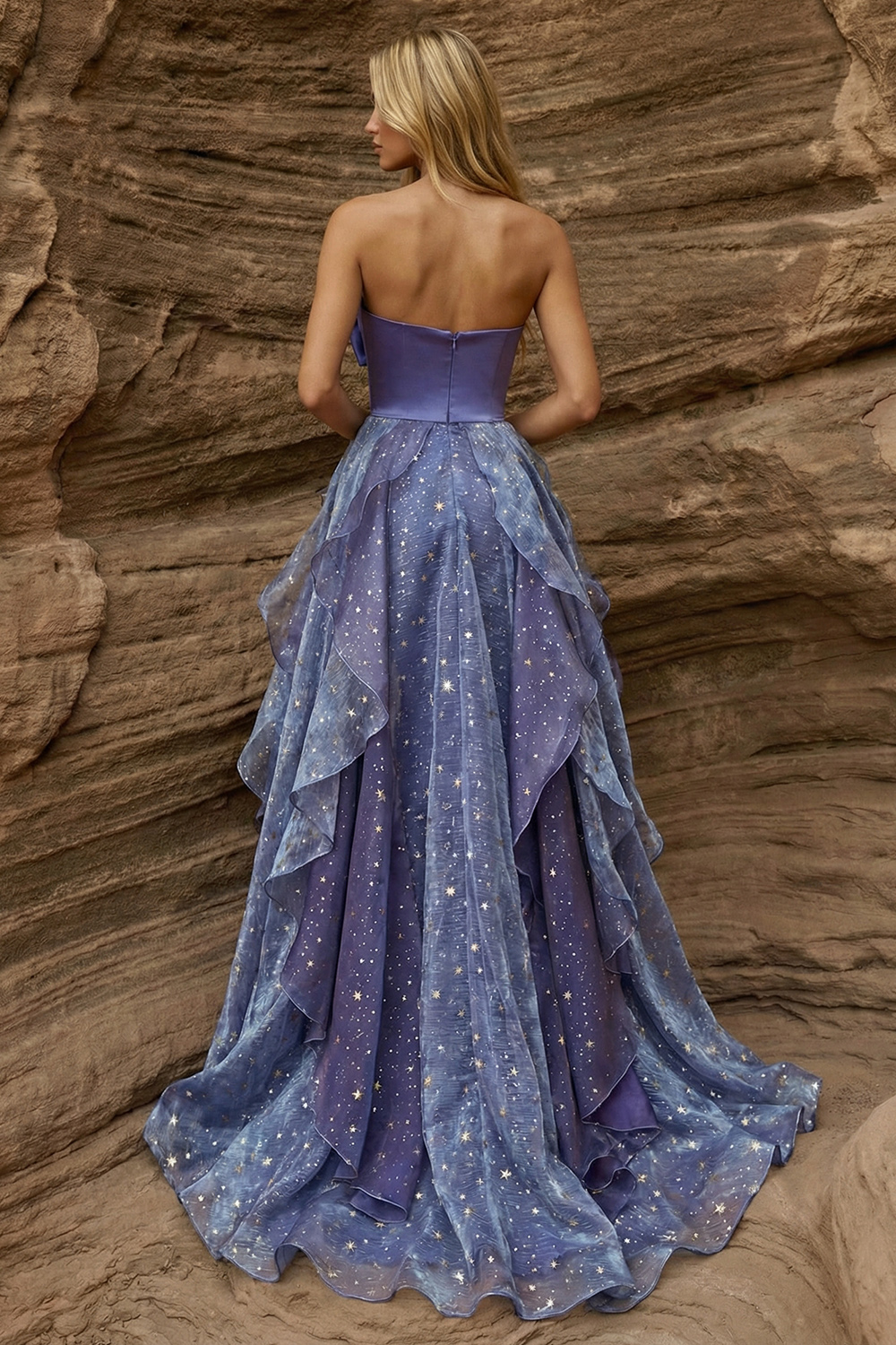 Glitter Dusty Blue Printed Strapless A Line Ruffled High-Low Prom Dress with Bow