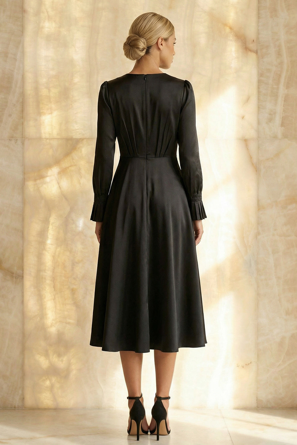 Modest Black Round Neck A Line Midi Satin Formal Dress with Sleeves