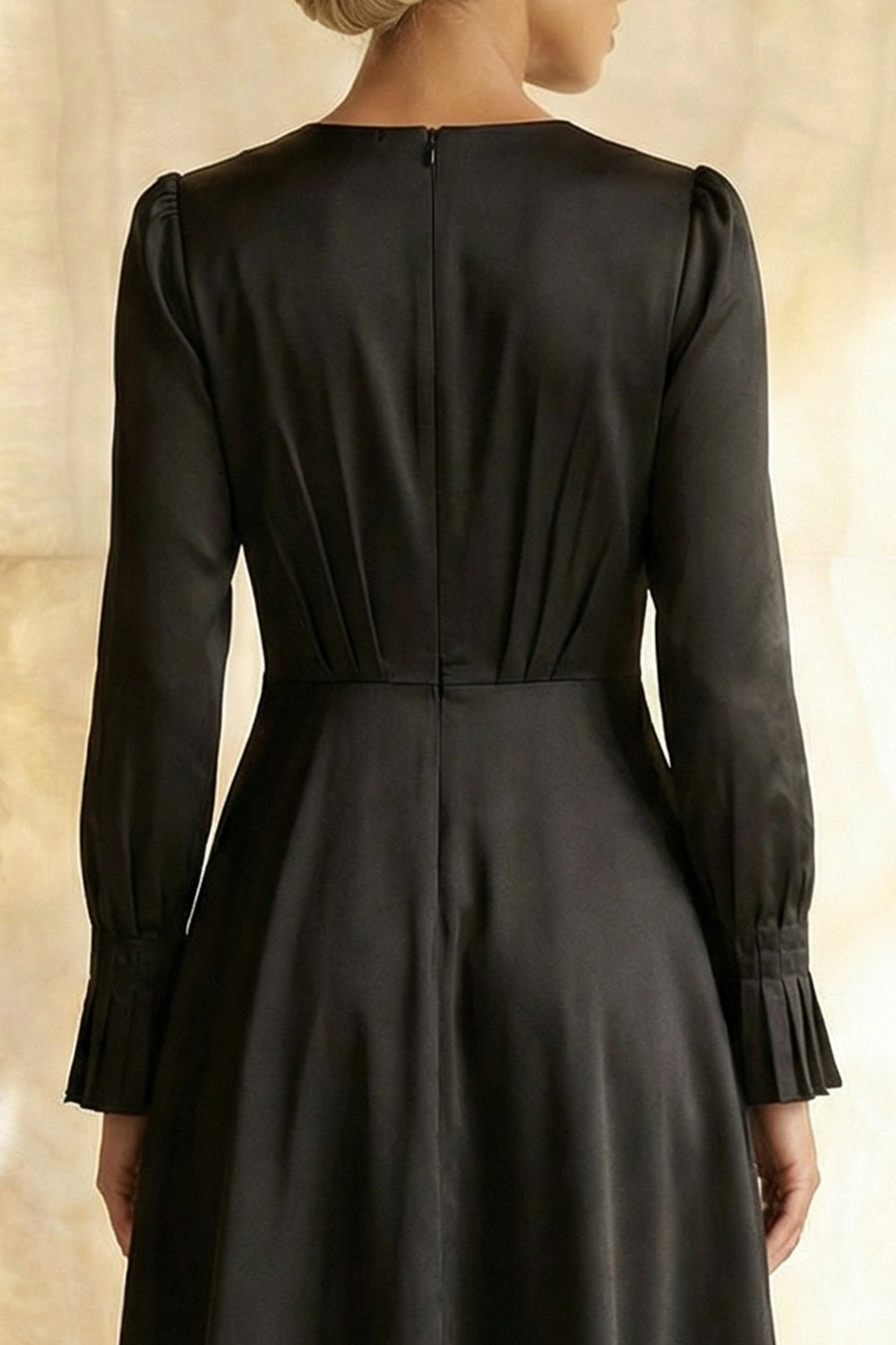 Modest Black Round Neck A Line Midi Satin Formal Dress with Sleeves