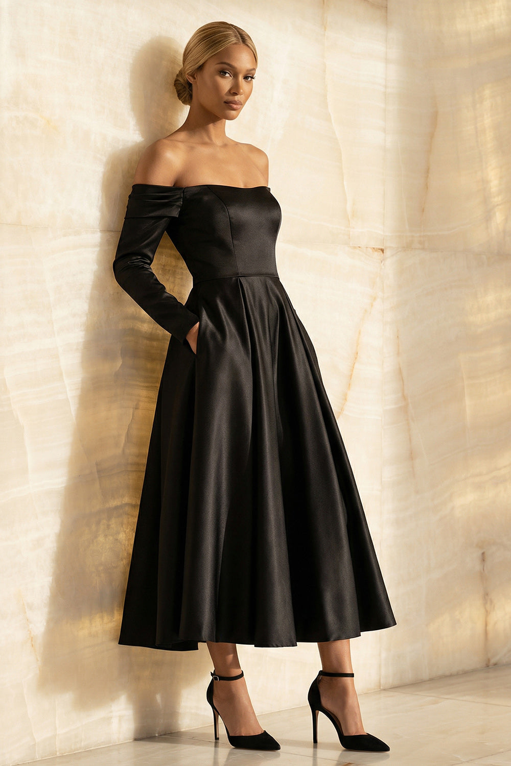 Black Off the Shoulder A Line Long Satin Formal Dress with Sleeves