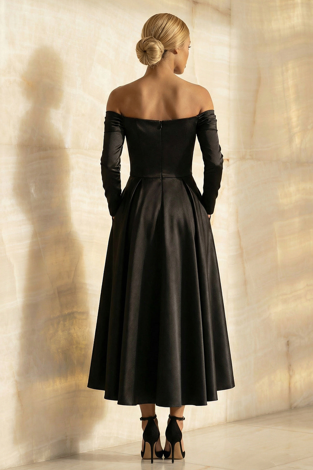 Black Off the Shoulder A Line Long Satin Formal Dress with Sleeves