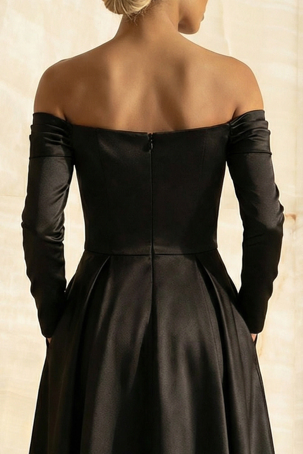 Black Off the Shoulder A Line Long Satin Formal Dress with Sleeves