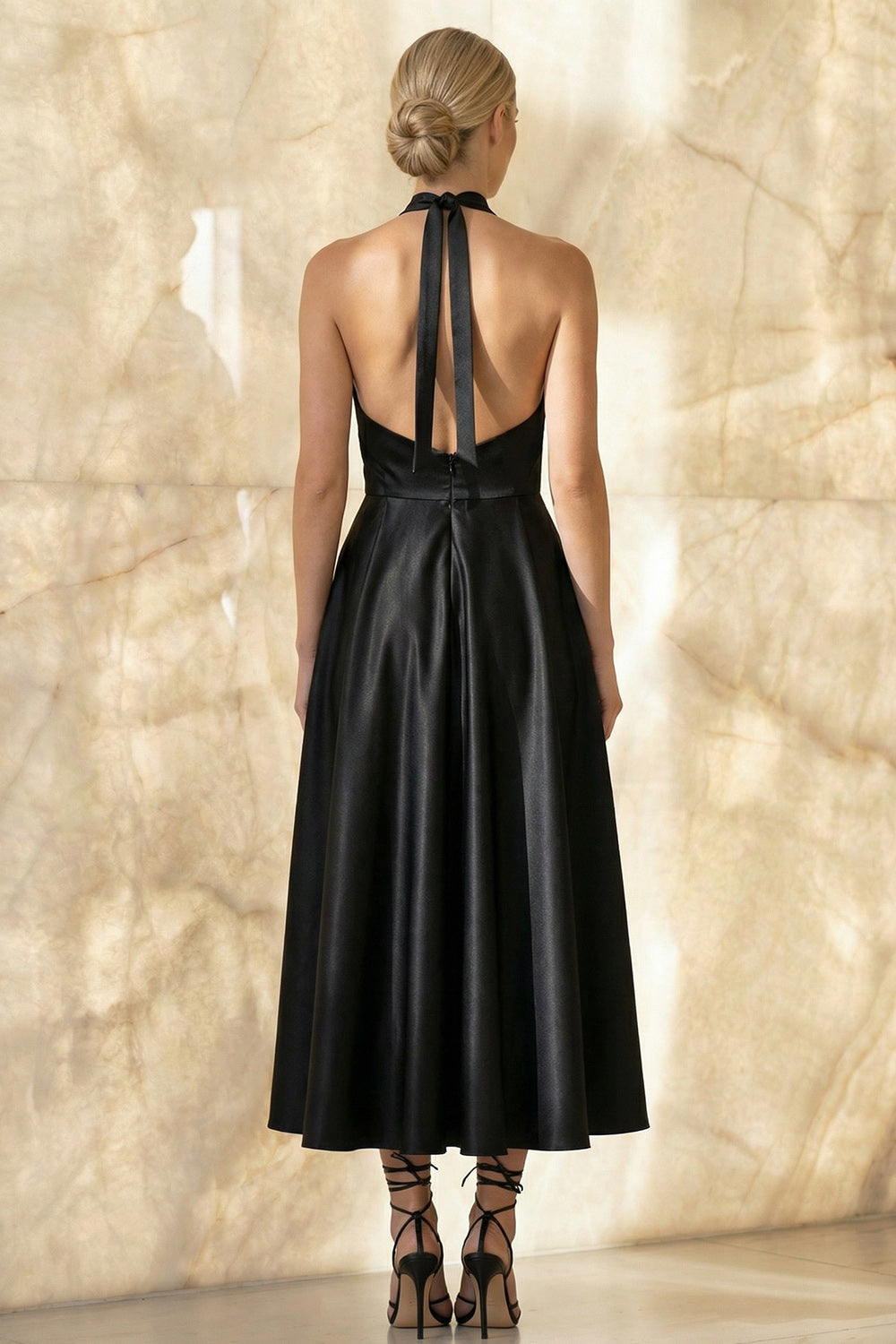 Black Halter A Line Ruched Backless Long Satin Formal Dress