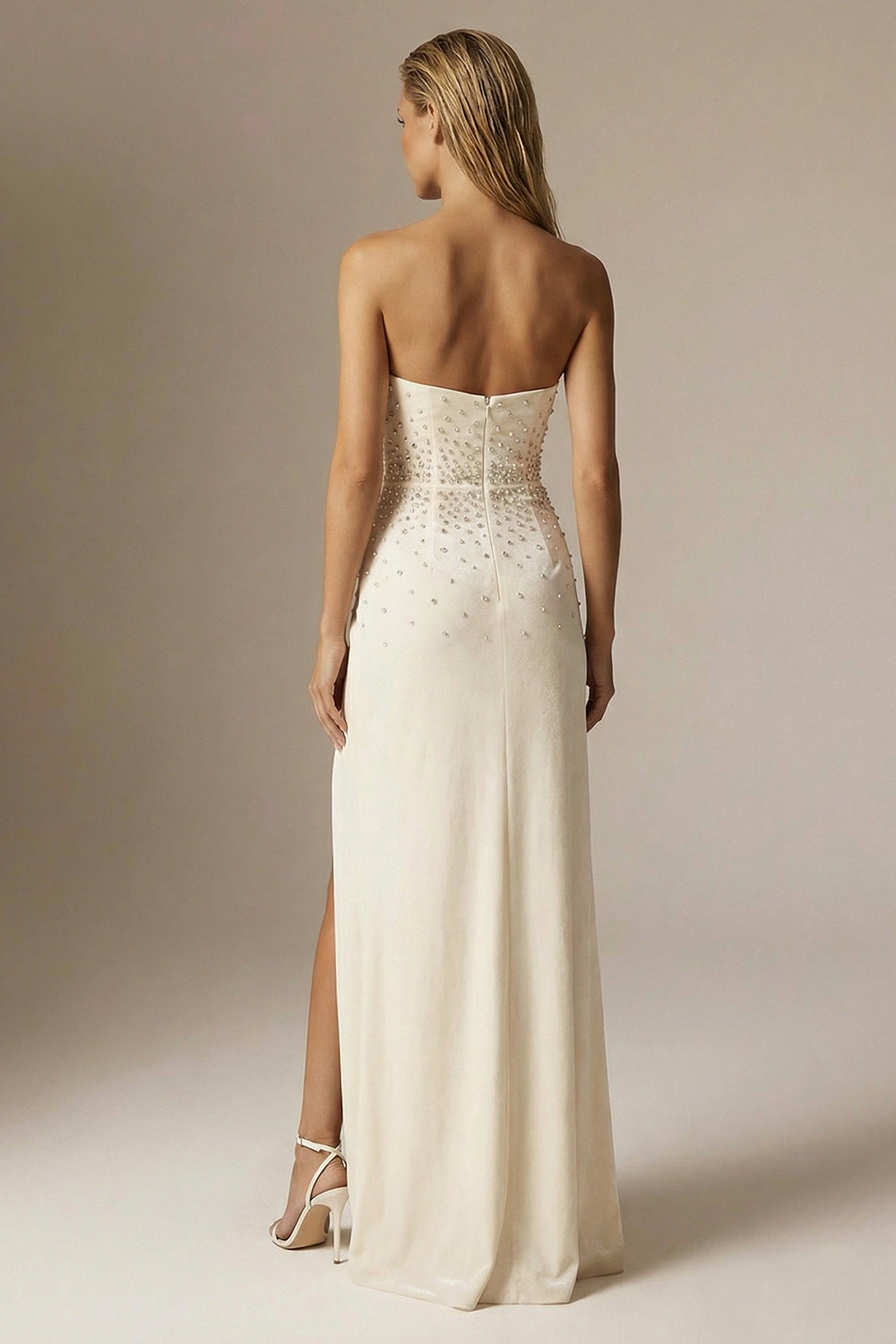Sparkly Ivory Sheath Strapless Long Beaded Formal Dress with Slit