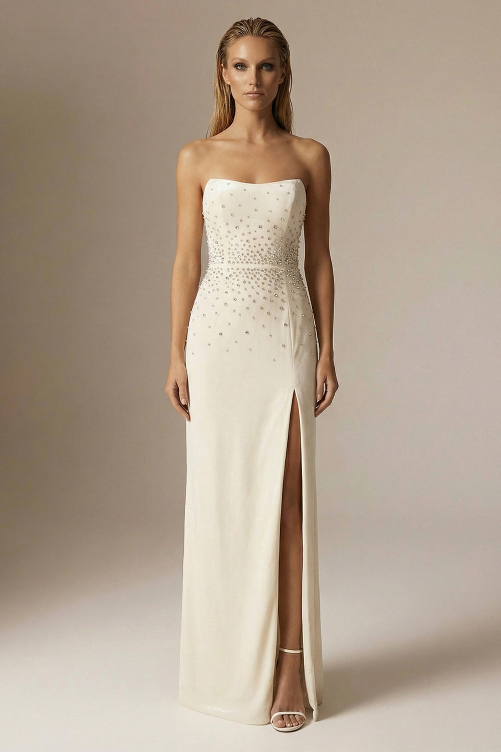 Sparkly Ivory Sheath Strapless Long Beaded Formal Dress with Slit