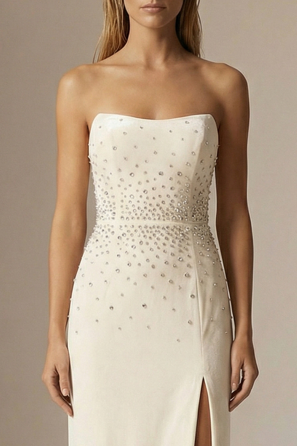 Sparkly Ivory Sheath Strapless Long Beaded Formal Dress with Slit