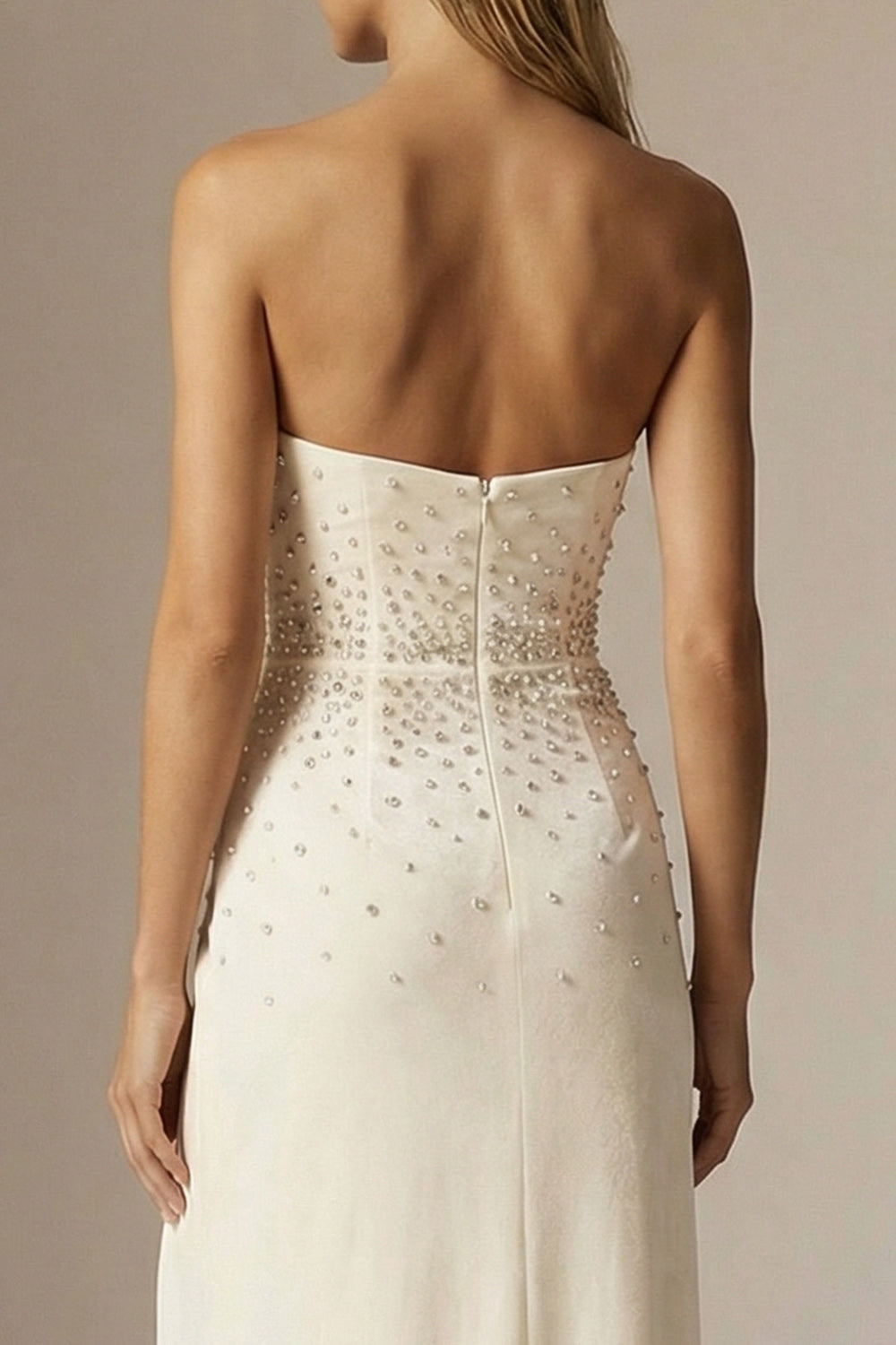 Sparkly Ivory Sheath Strapless Long Beaded Formal Dress with Slit