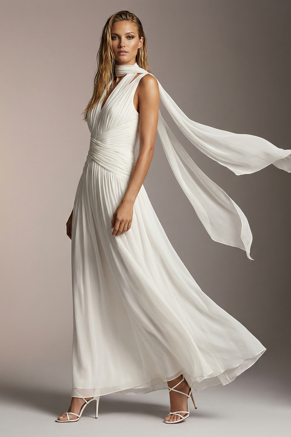 Flowy Ivory Chiffon Pleated Thick Straps A Line Long Formal Dress