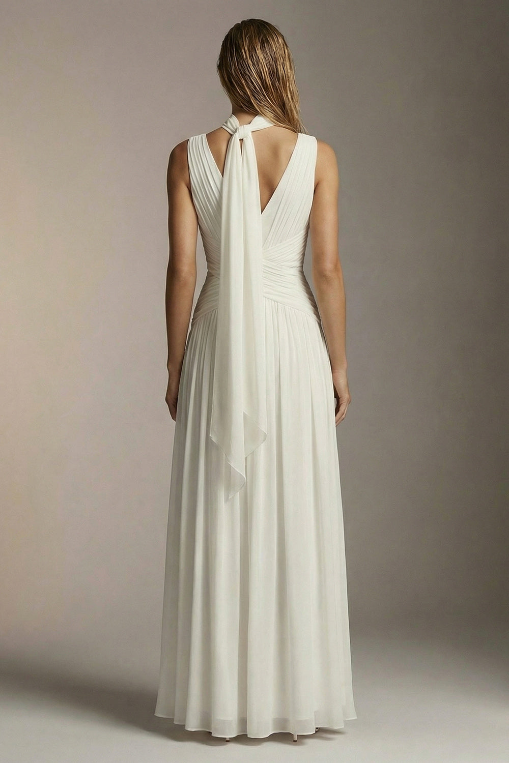 Flowy Ivory Chiffon Pleated Thick Straps A Line Long Formal Dress