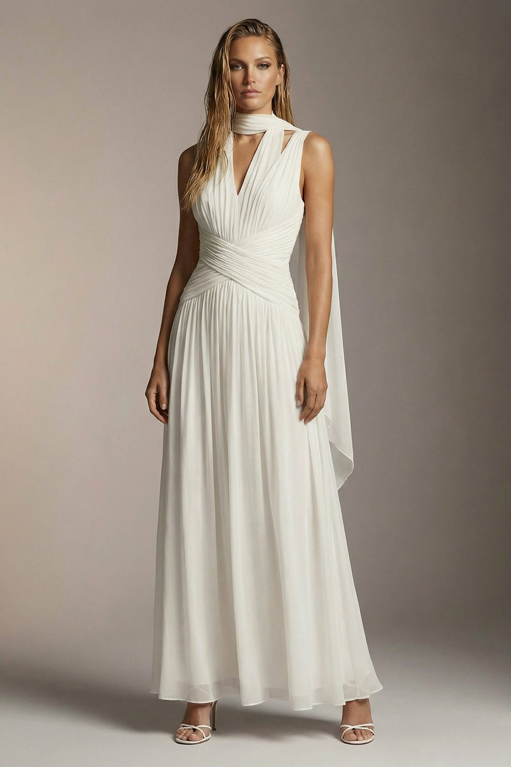Flowy Ivory Chiffon Pleated Thick Straps A Line Long Formal Dress