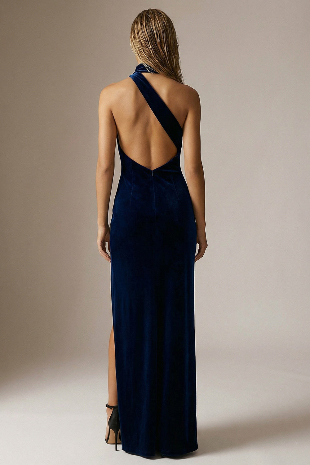 Sparkly Navy Velvet Halter Backless Long Sheath Formal Dress with Slit