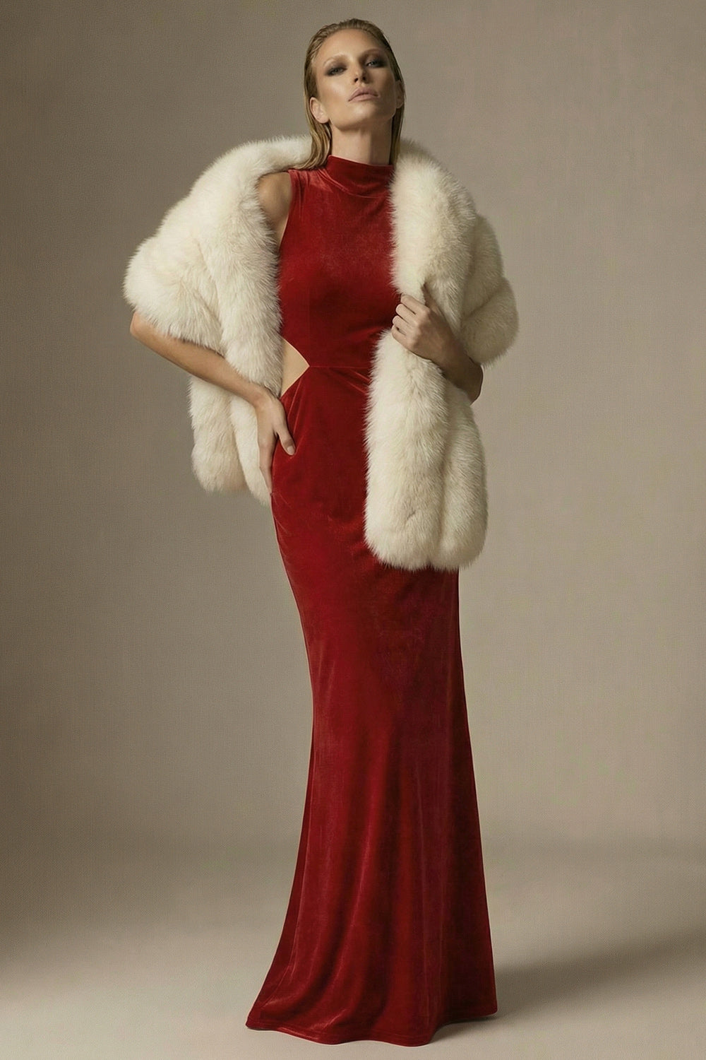 Dark Red Velvet High Neck Cut Out Long Sheath Formal Dress
